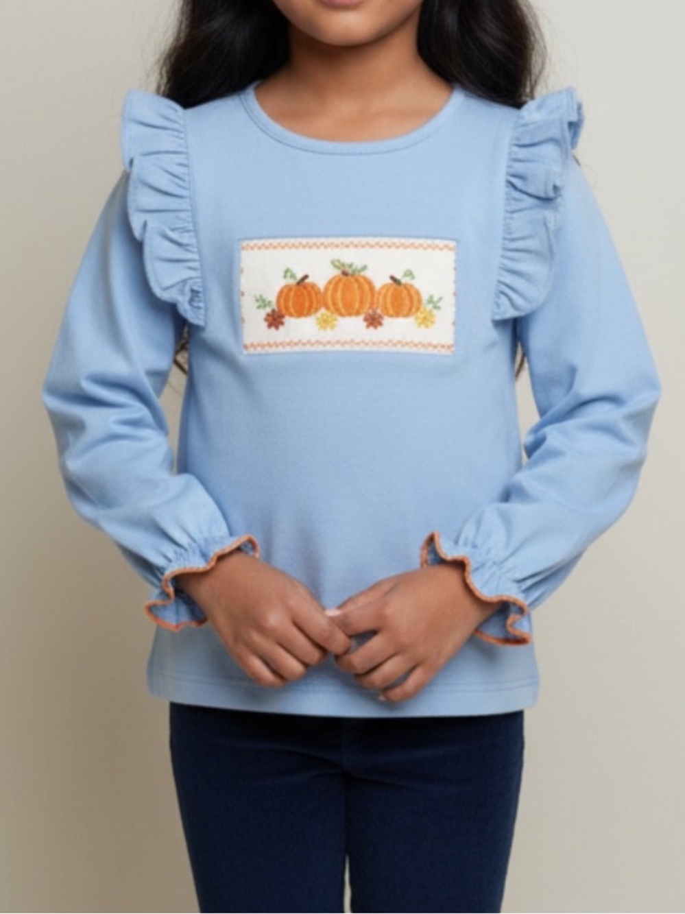 Anavini Pumpkin Smocked Ruffle Long-Sleeve Thanksgiving Halloween Fall Top